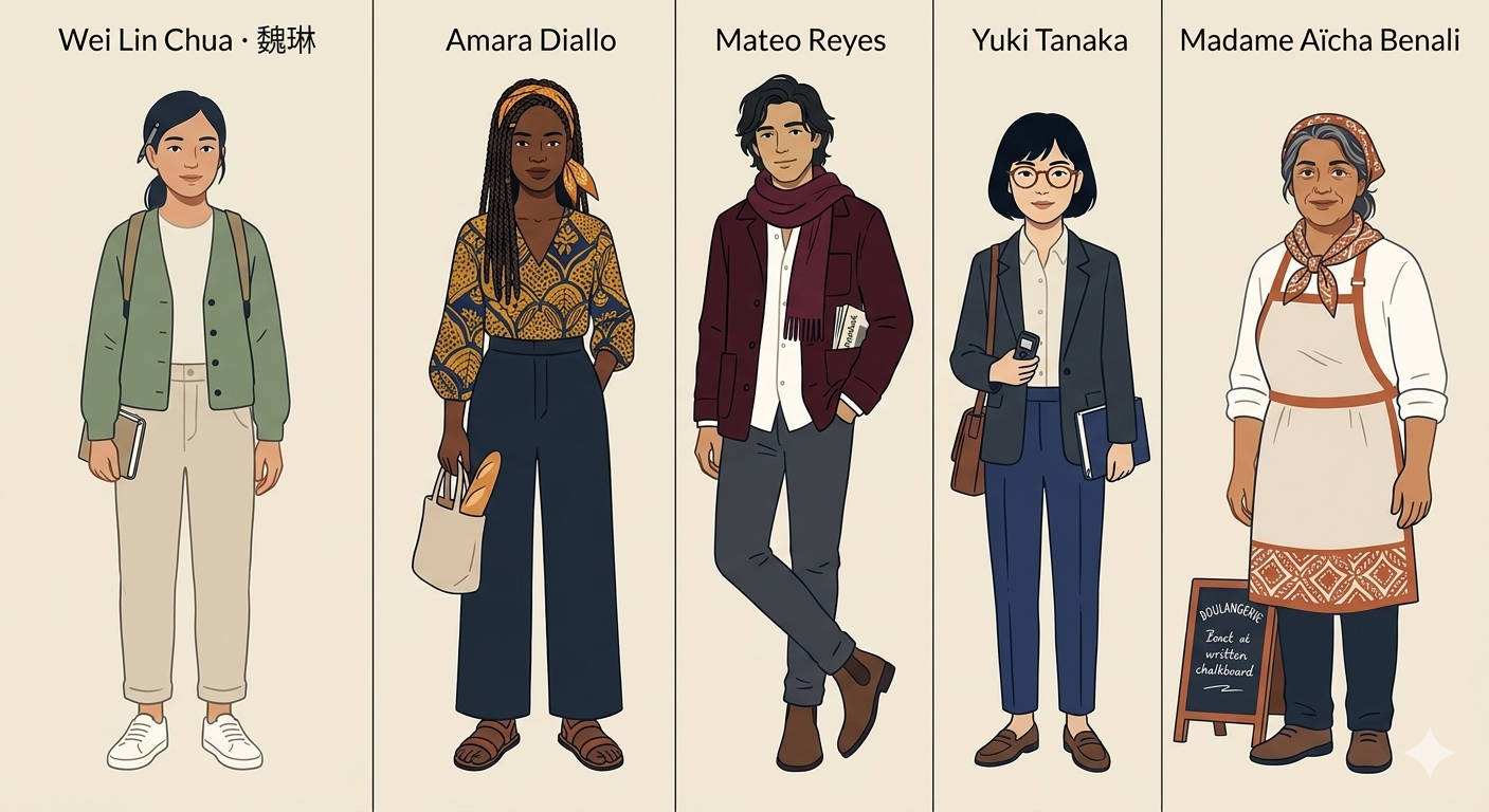 Character grid: Wei, Amara, Mateo, Yuki, Mme Benali