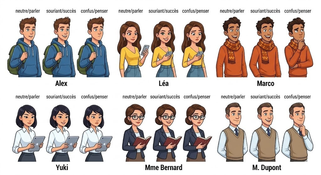 The character roster — Alex, Léa, Marco, Yuki, Mme Bernard, M. Dupont