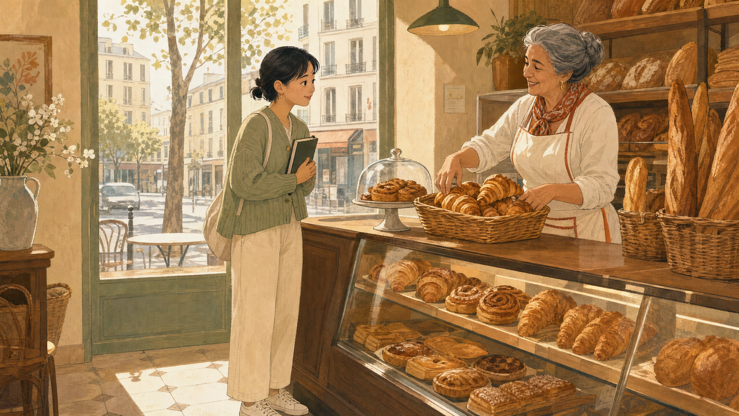 Wei at the boulangerie, her first morning in Paris