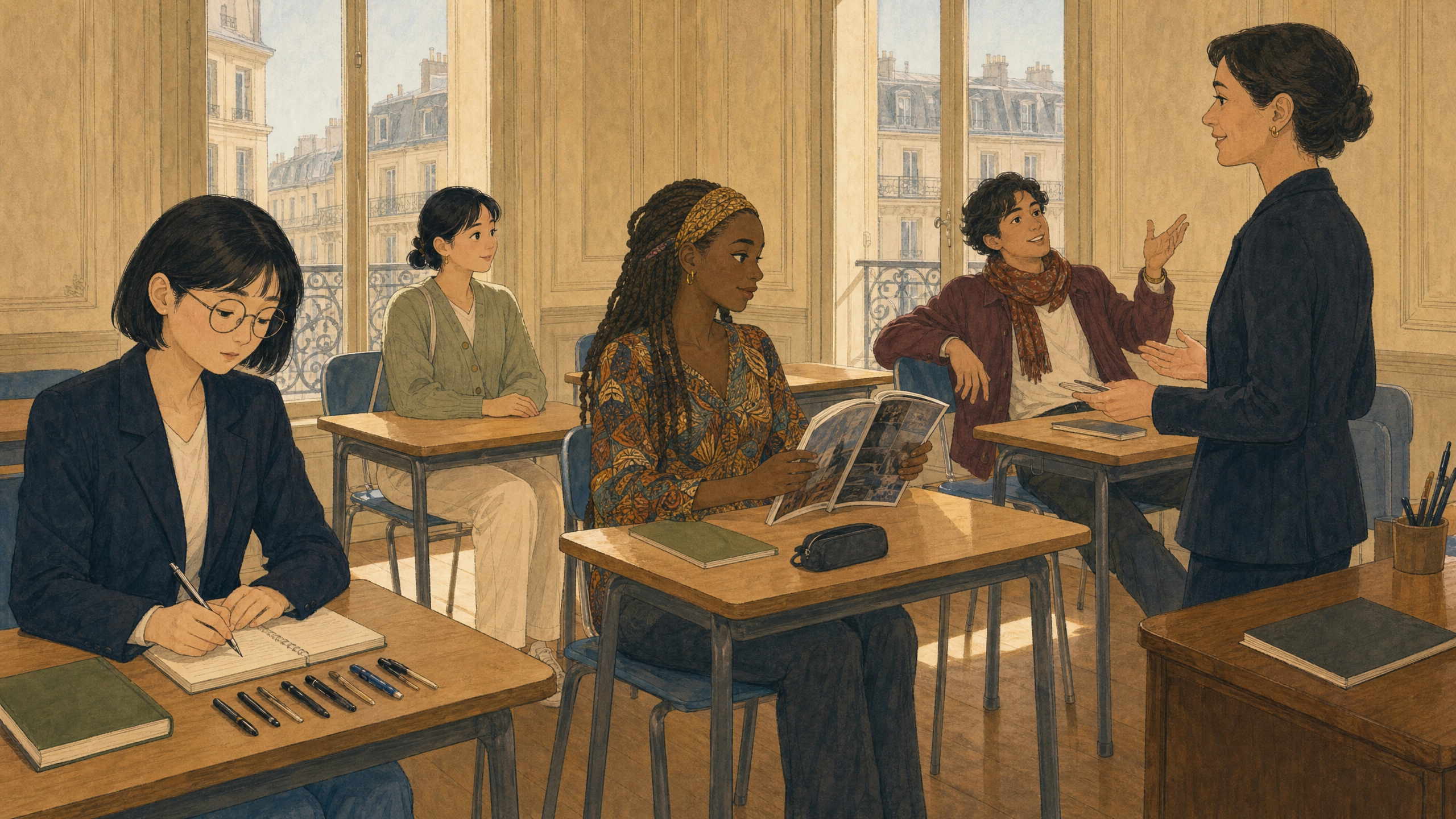 The four students meet in the classroom