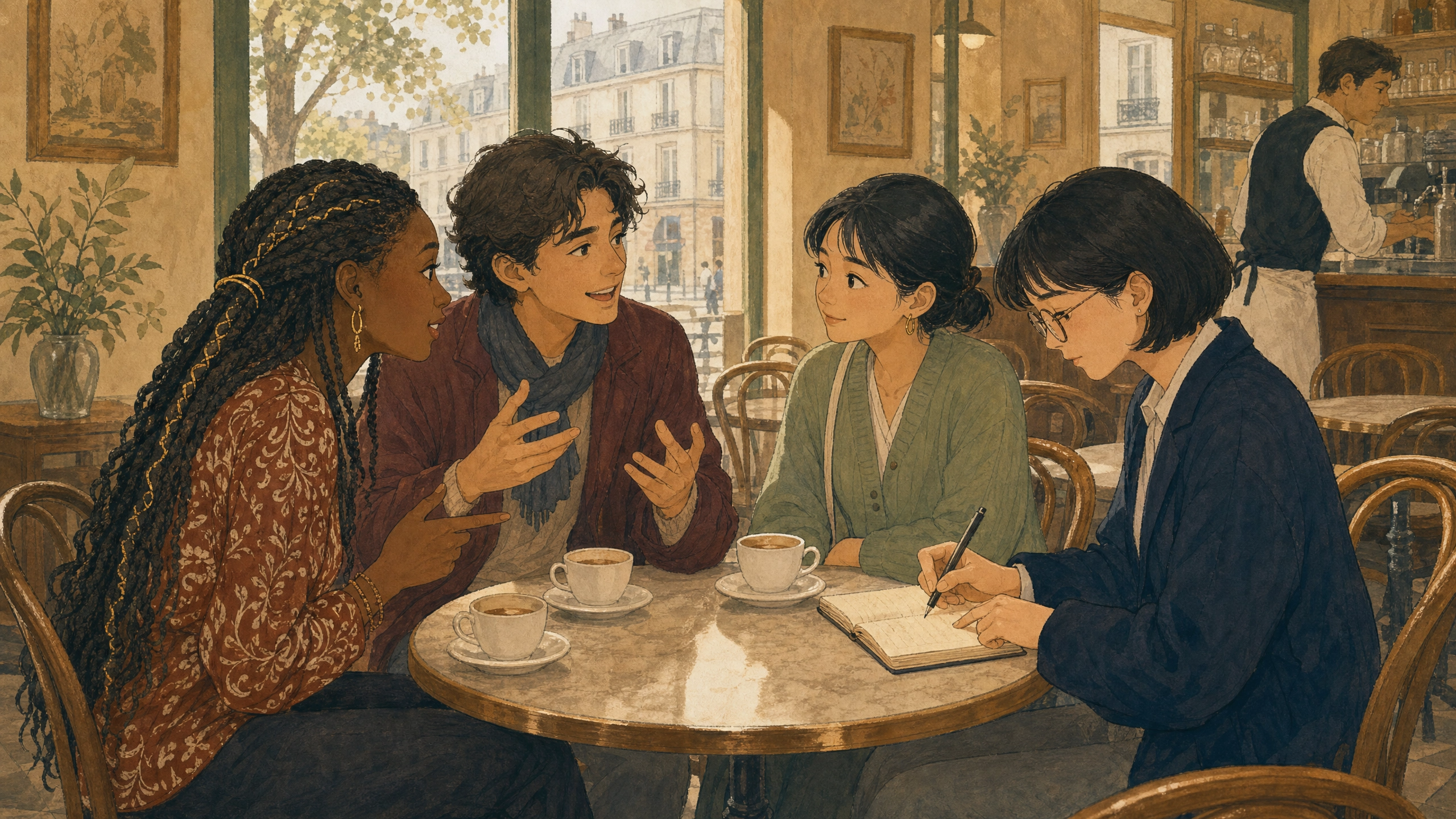 The group at a Paris café, planning the weekend